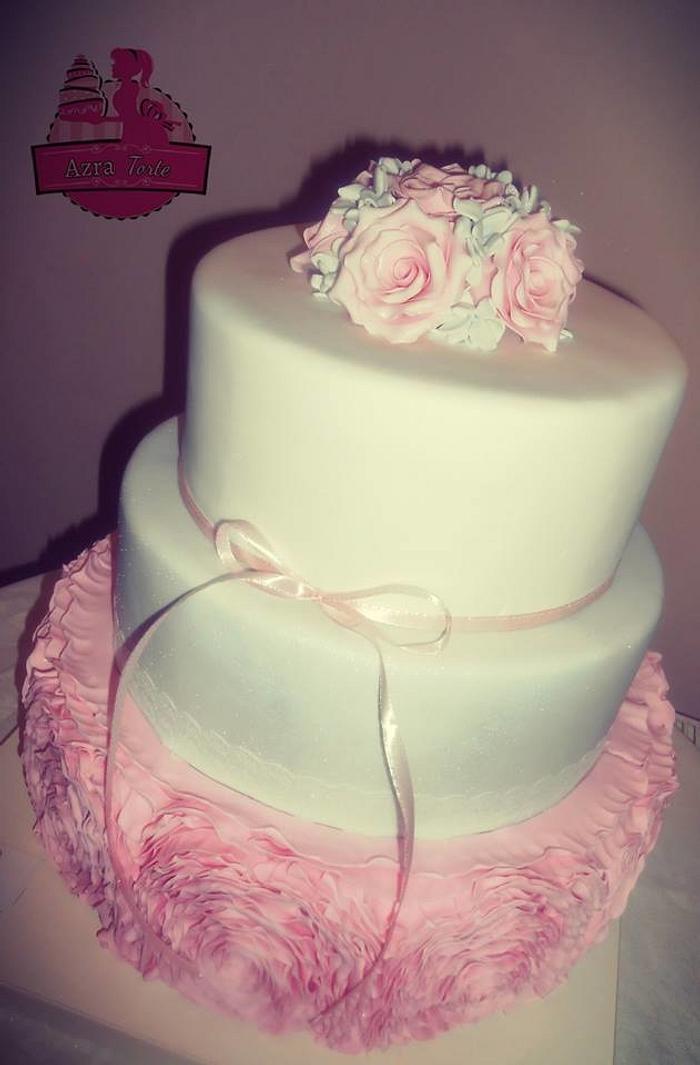 Pink silver rufles wedding cake