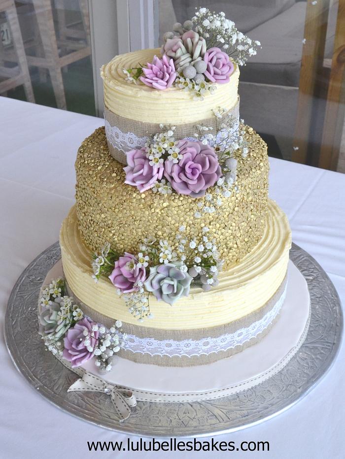 Gold sequins and succulent wedding cake