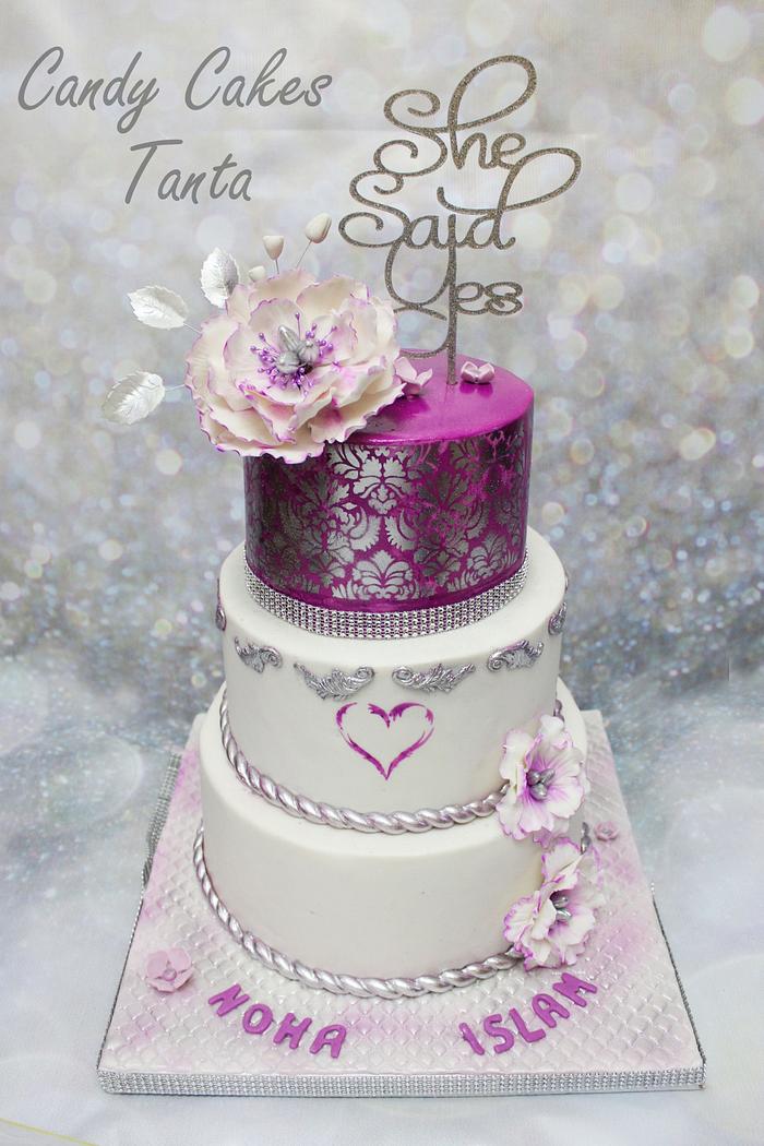 purple heart stenciled engagement cake 