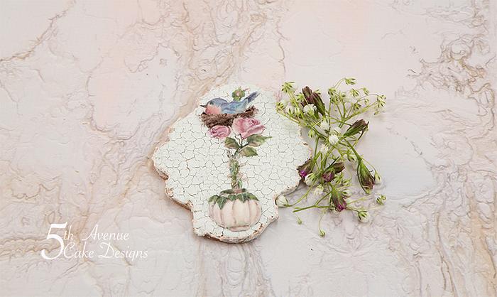 Birdtopia with a Vintage Cracked Glaze Cookie Art 🌹🕊️🖌️