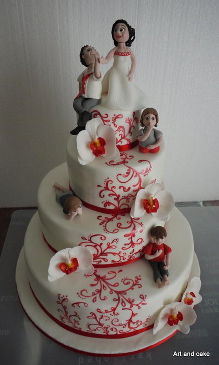 White and red wedding cake