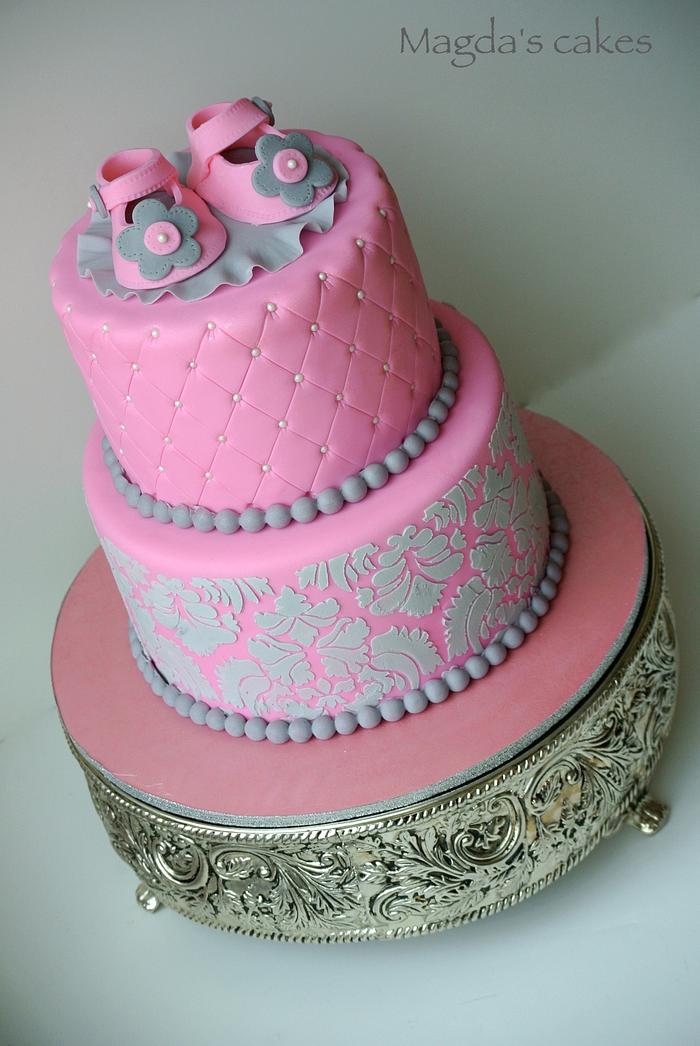 Pink and grey baby shower cake