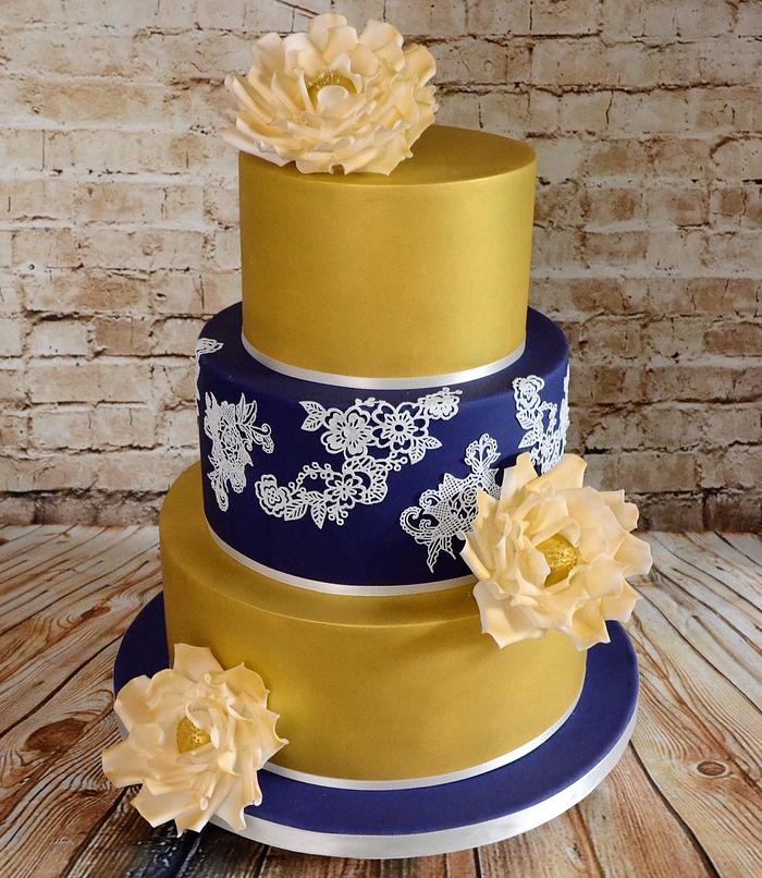 Navy and gold wedding cake