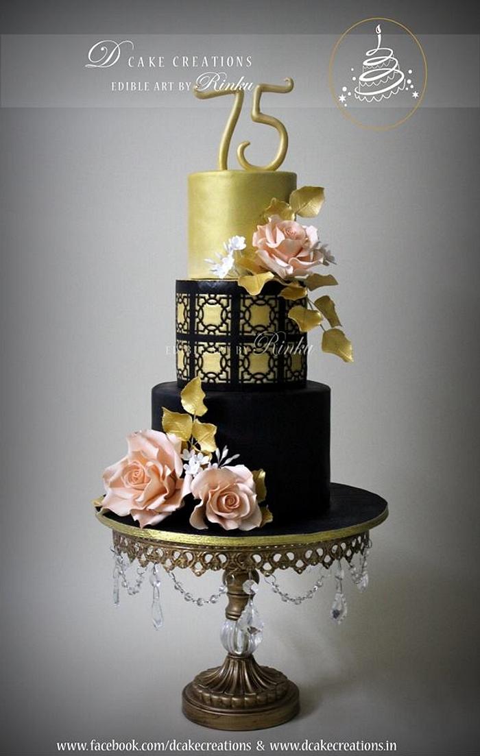 Black & Gold 75th Birthday Cake - Decorated Cake by D - CakesDecor