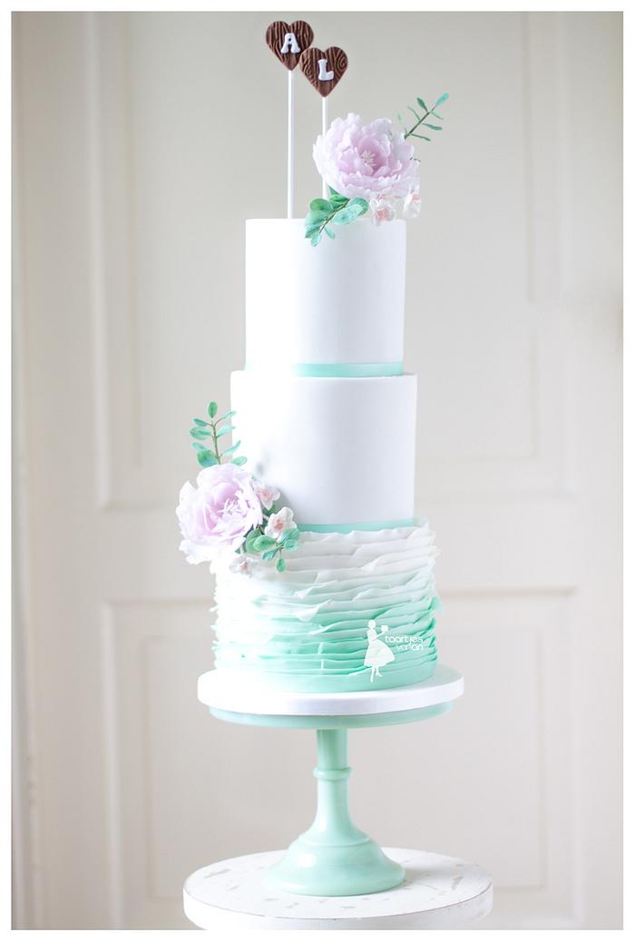 Green ombre ruffle and wooden heart toppers