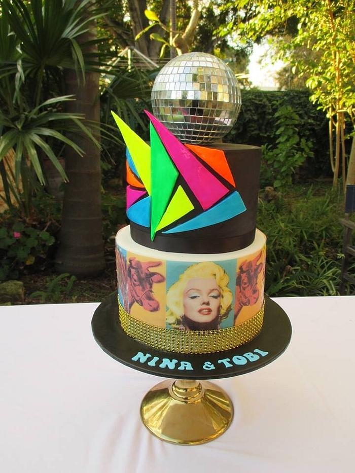 Andy Warhol disco cake with fluorescent shapes
