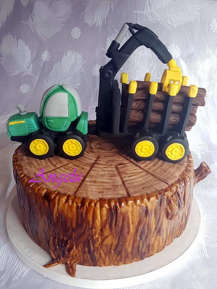 Lumberjack truck and tree stump cake