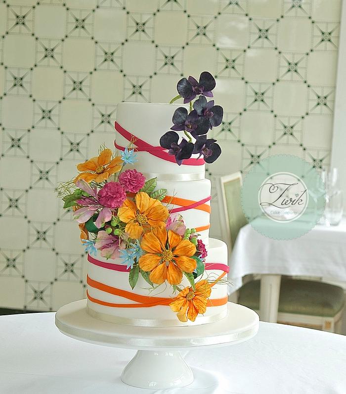Cosmos and Moth Orchid Wedding Cake