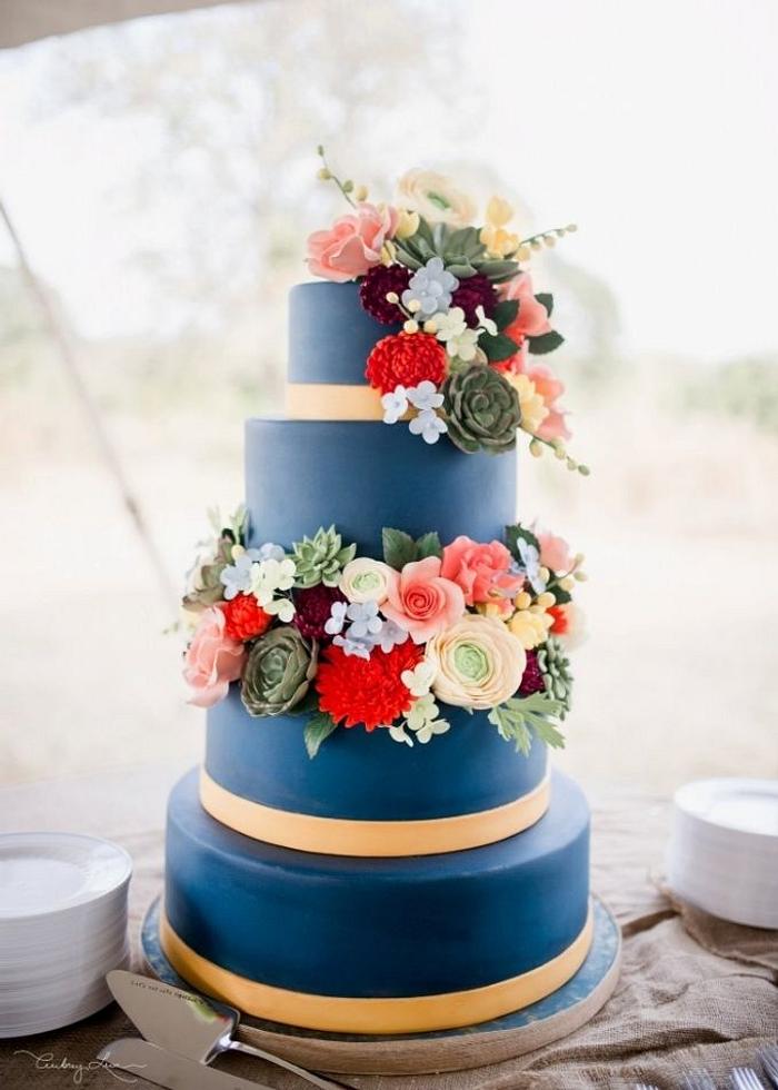 Navy Wedding Cake with Sugar Flowers