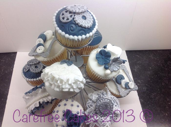 Vintage Navy Blue and White Cupcakes