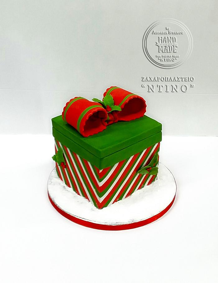 A Christmas  gift box with stripes