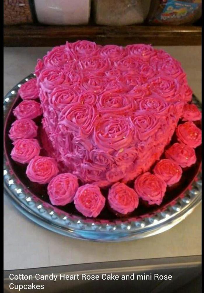 Valentine cake,, Cotton Candy Heart Rose Cake with Mini Cupcakes