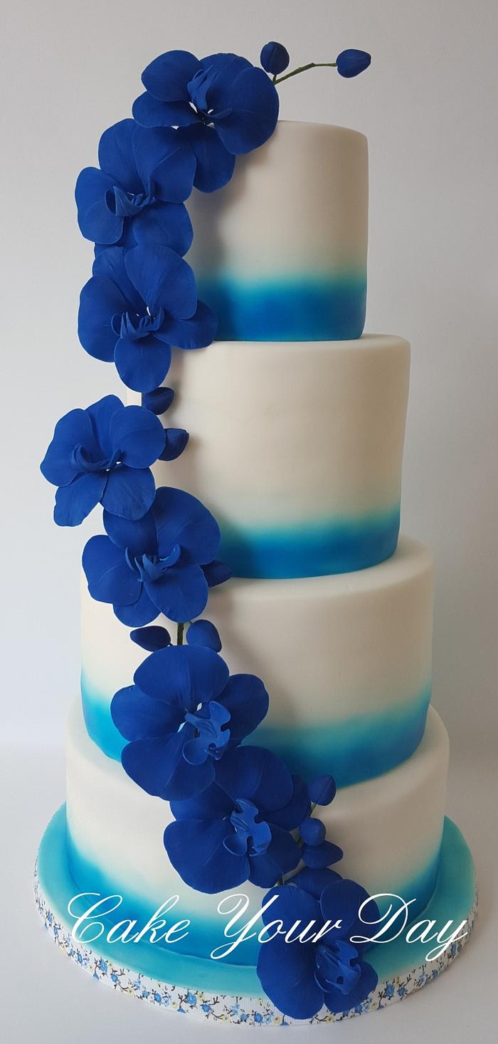 Blue Orchids Wedding Cake  