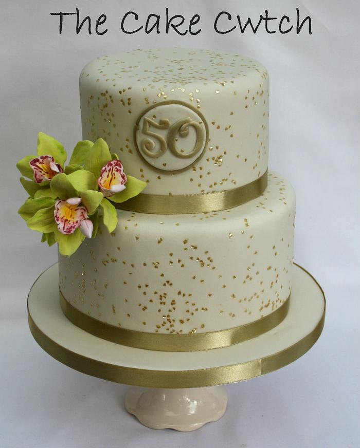 Golden wedding anniversary orchid cake