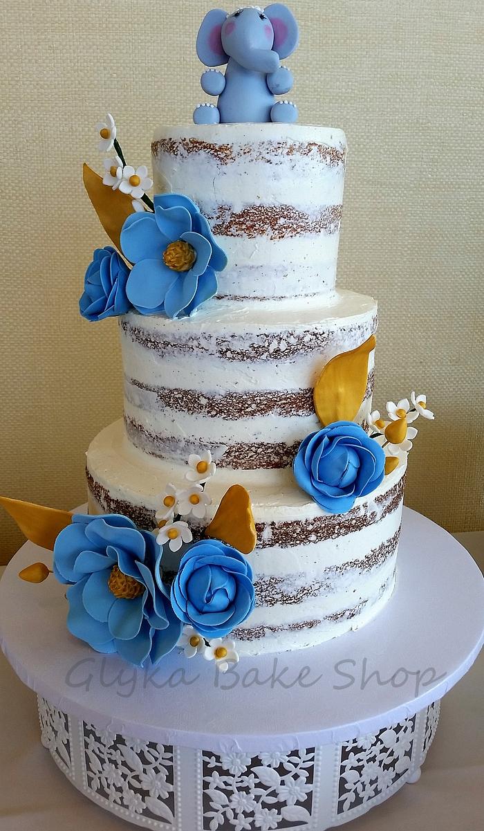 Rustic Cake with Blue and Gold Flowers
