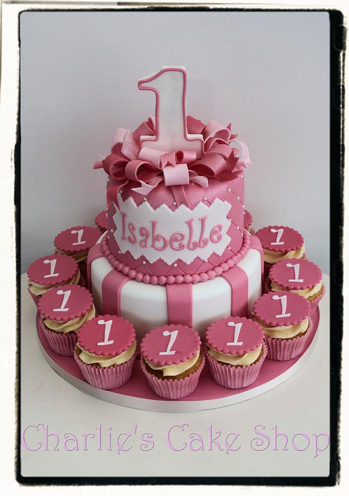 Pink Bow Cake & Cupcakes