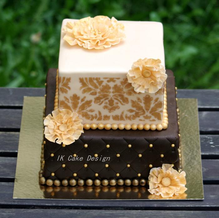 Brown Ivory Damask Birthday Cake