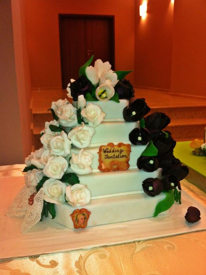 Black Tulips &White Roses wedding cake
