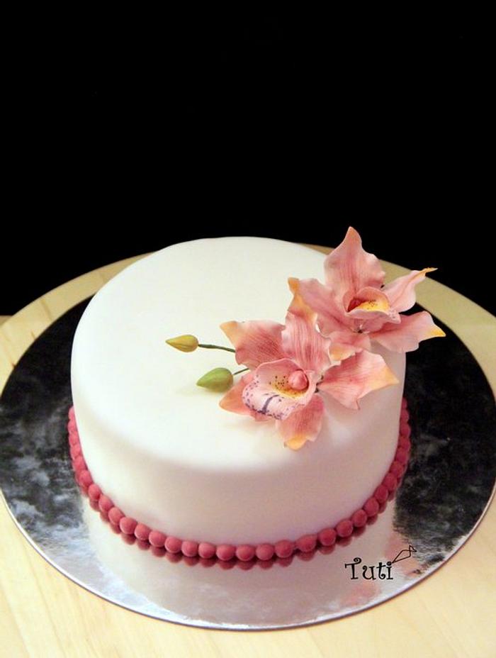 simple elegant cake with cymbidium orchids