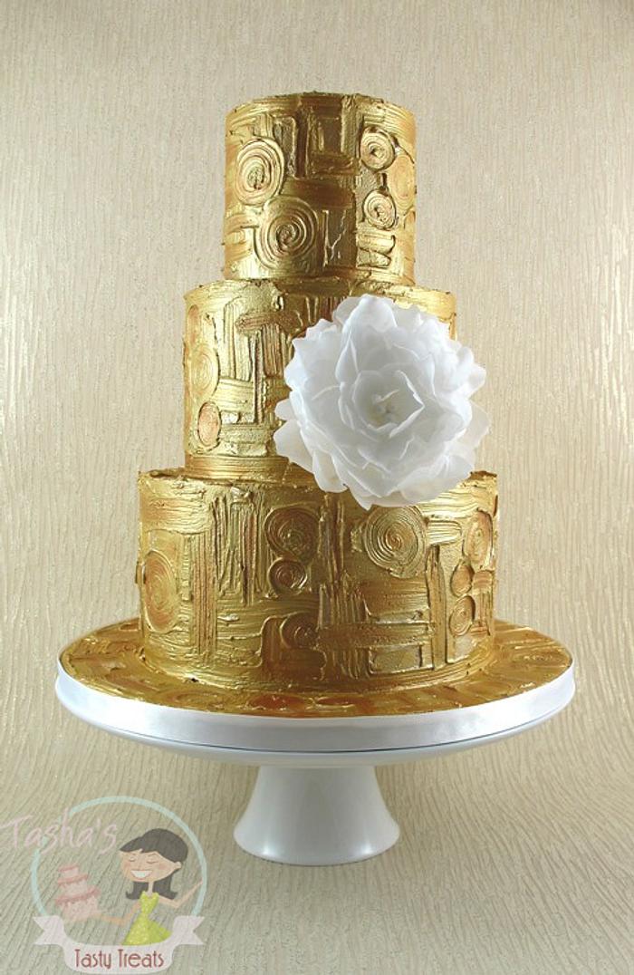 Gold Klimt Cake with Wafer Paper Peony