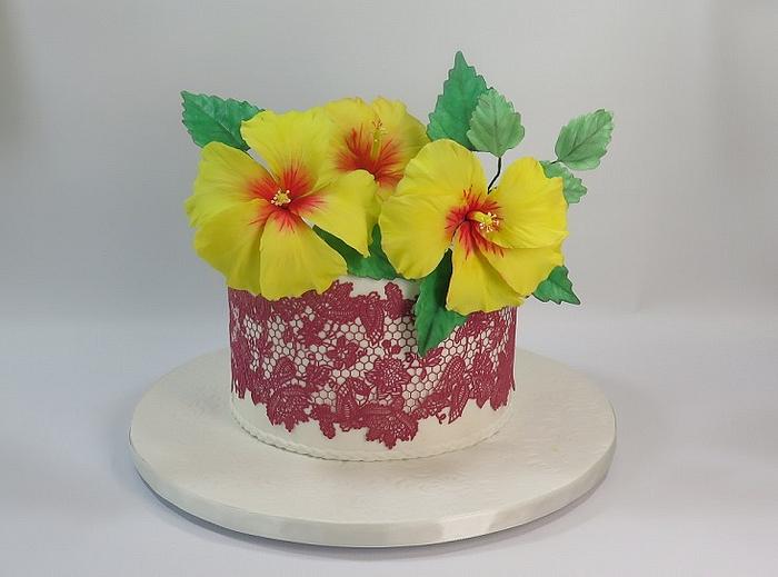 yellow hibiscus & red lace cake MBalaska 8-9-2018