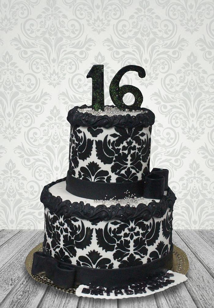 Black Stenciled 16 Cake