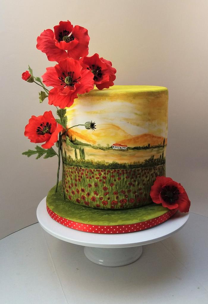 Poppy cake with hand-painted poppy field