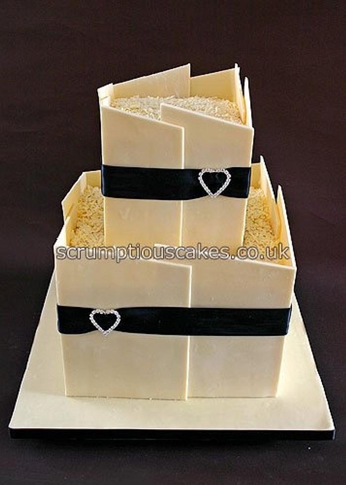 Double Height White Chocolate Panel Wedding Cake