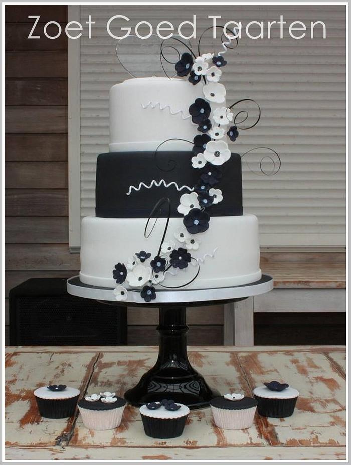 Black and White Floral Wedding Cake and Cupcakes
