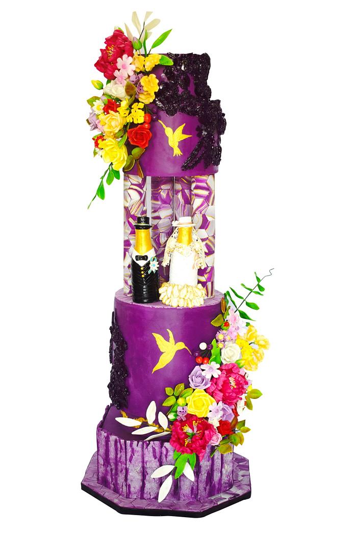 Cheers Couple with Morden Purple Wedding Cake 