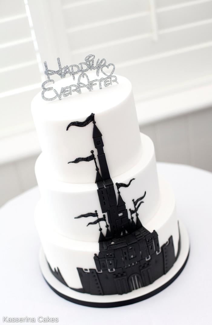 Disney style fantasy castle monochrome wedding cake
