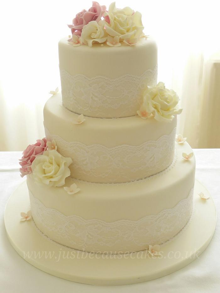 Roses and Lace Ivory Wedding Cake 