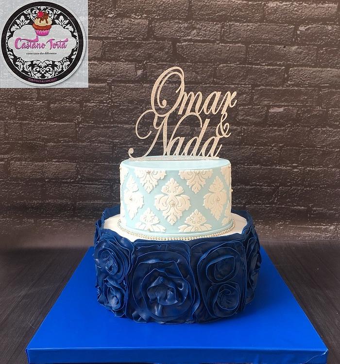 damask & ruffles engagement cake   