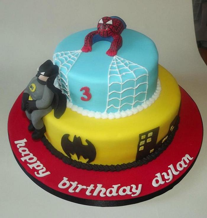 2 tier Spiderman & Batman Cake