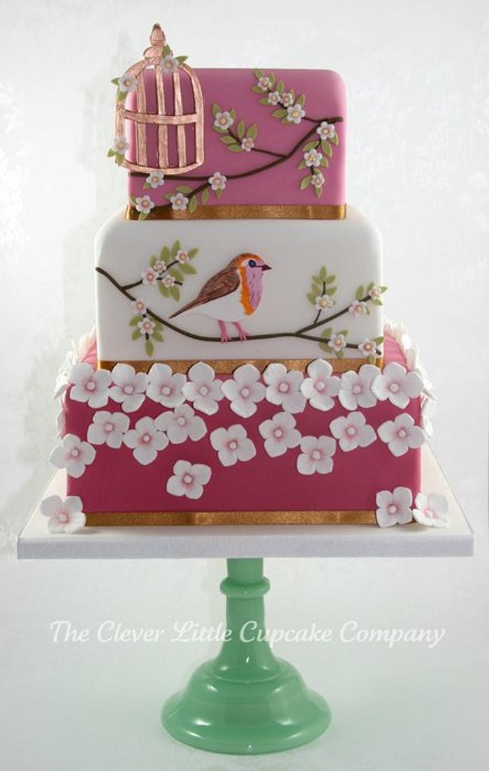 Bird and Blossoms Wedding Cake