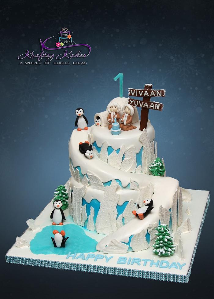 Eskimo+Penguins themed cake