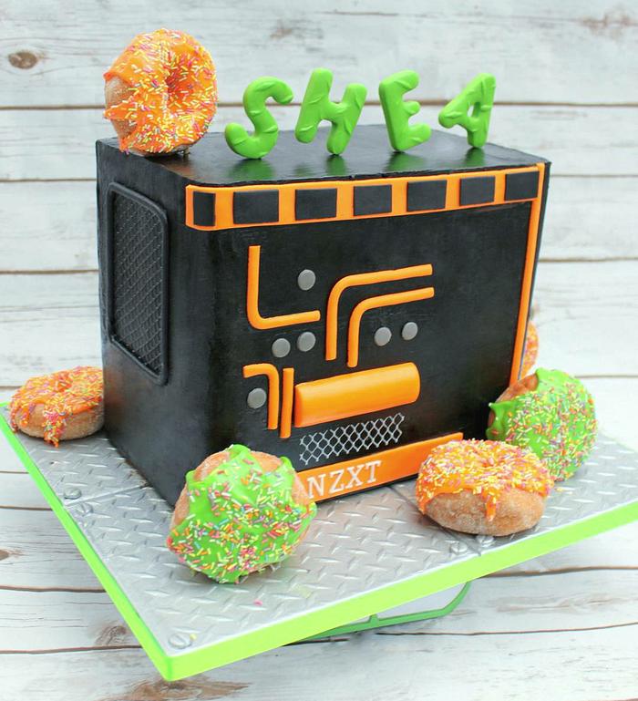 Black and neon doughnut and computer cake 