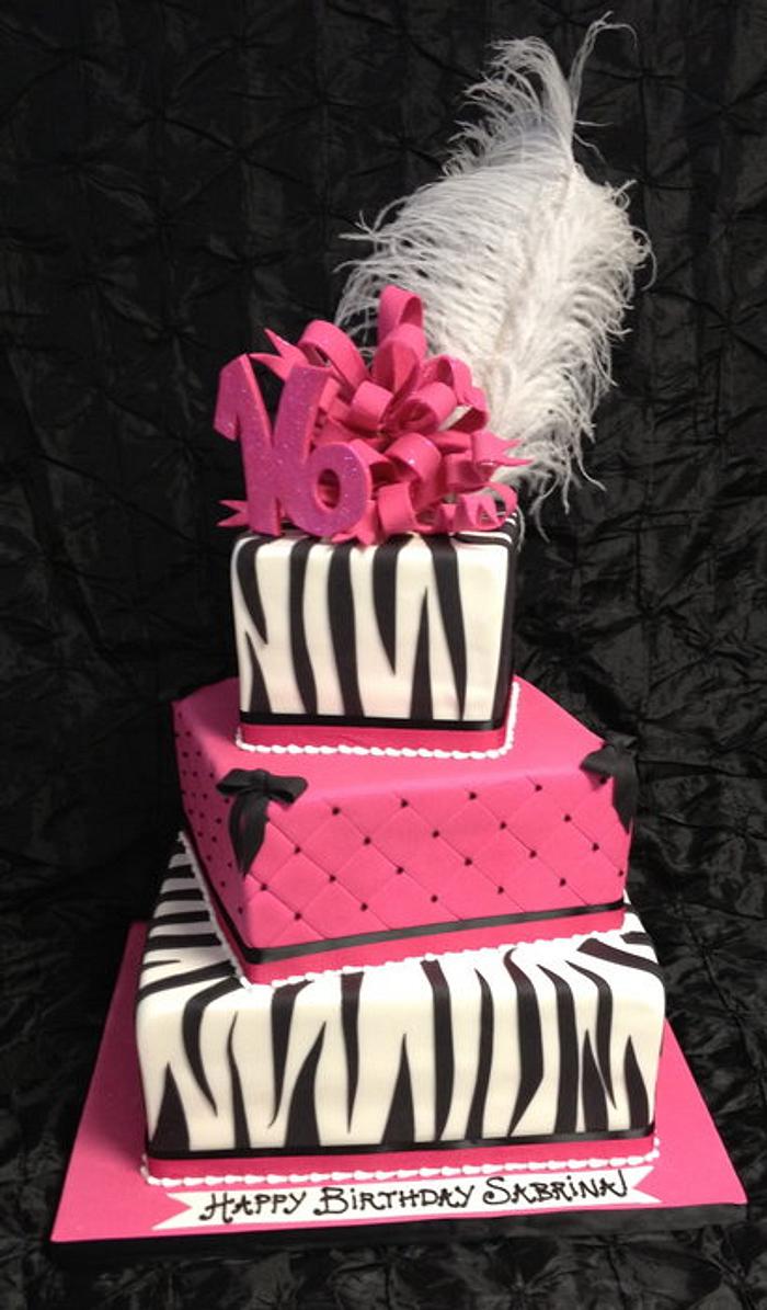 Sweet 16 Pink & Zebra three tier box cake