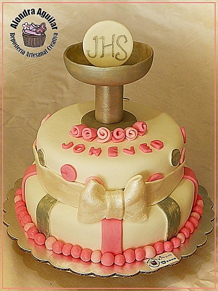 First communion silver and pink cake