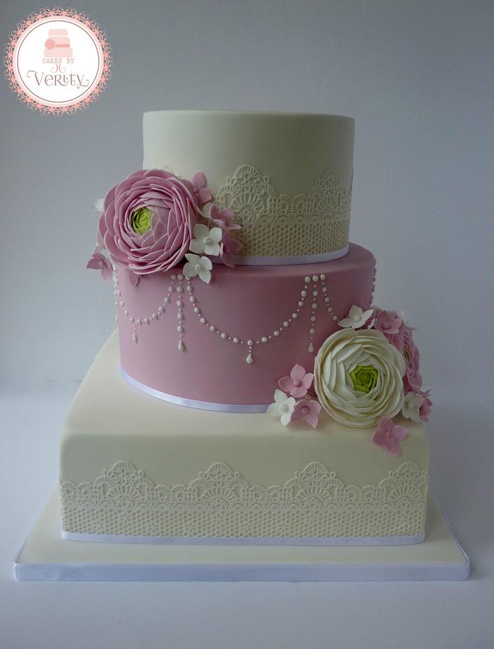 Ranunculus and Hydrangea Wedding cake