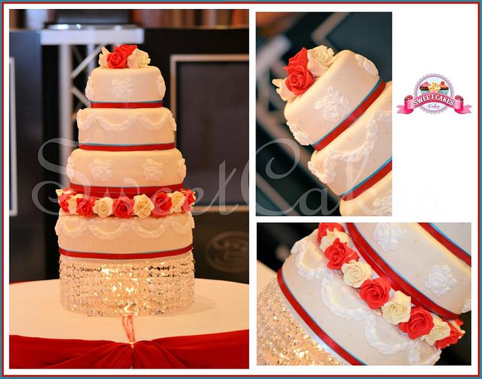 Red and Cream Rose Themed Wedding Cake