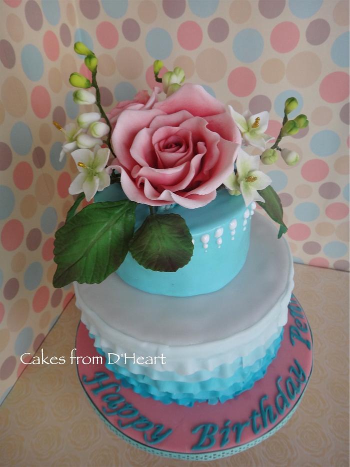 Blue and pink rose cake