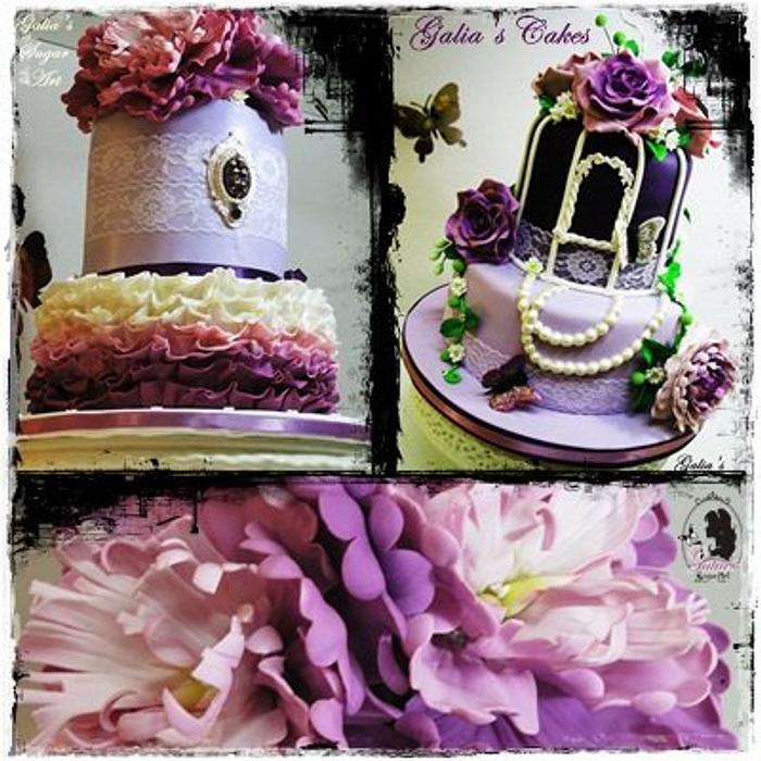 Purple wedding cake with brooch