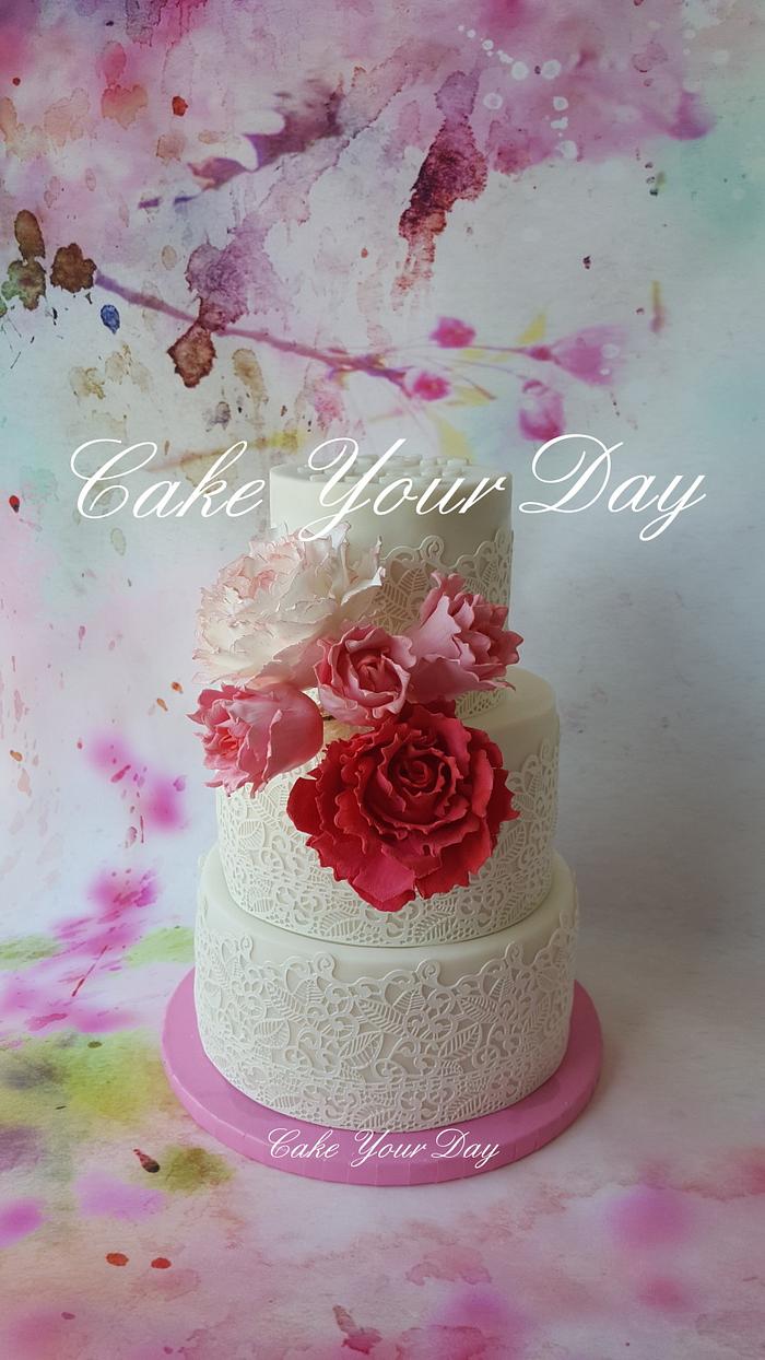 Pink peony Wedding Cake.