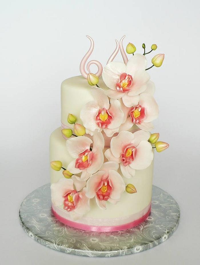 Pink orchid birthday cake