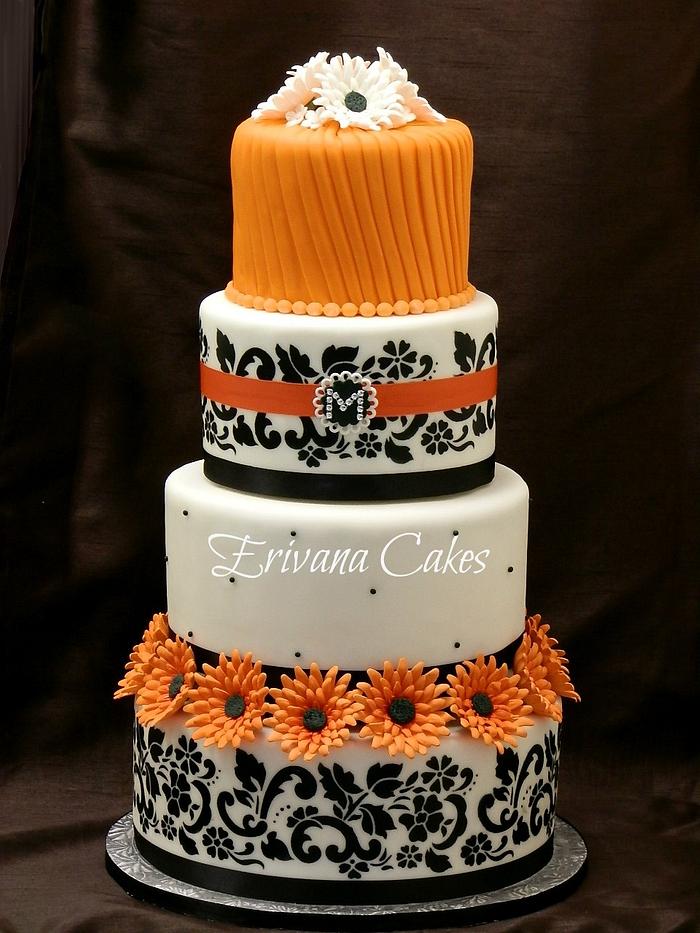 Orange and Black damask wedding cake