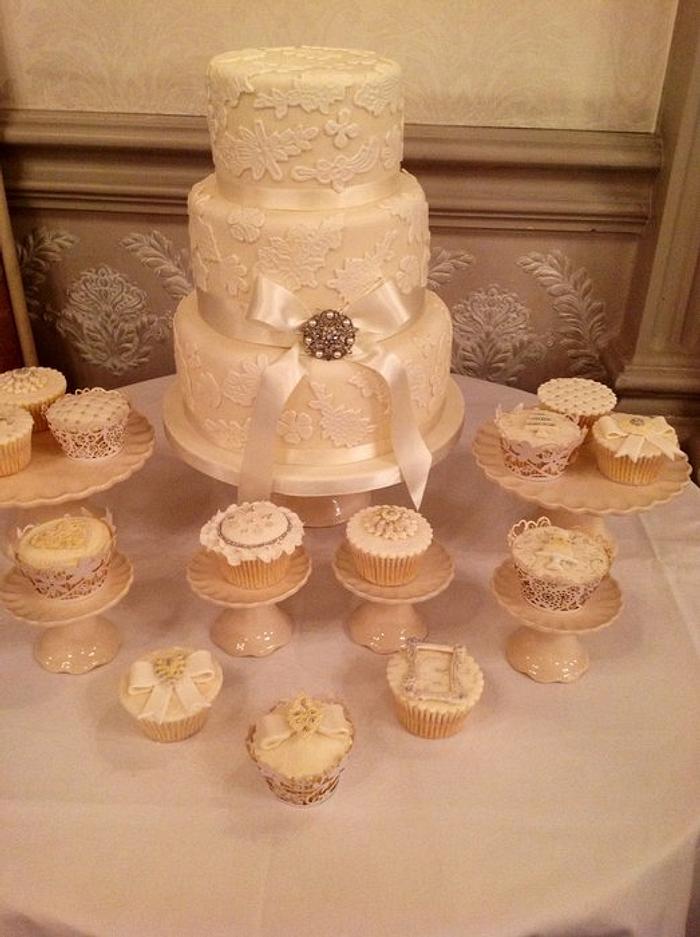 Ivory lace wedding cake