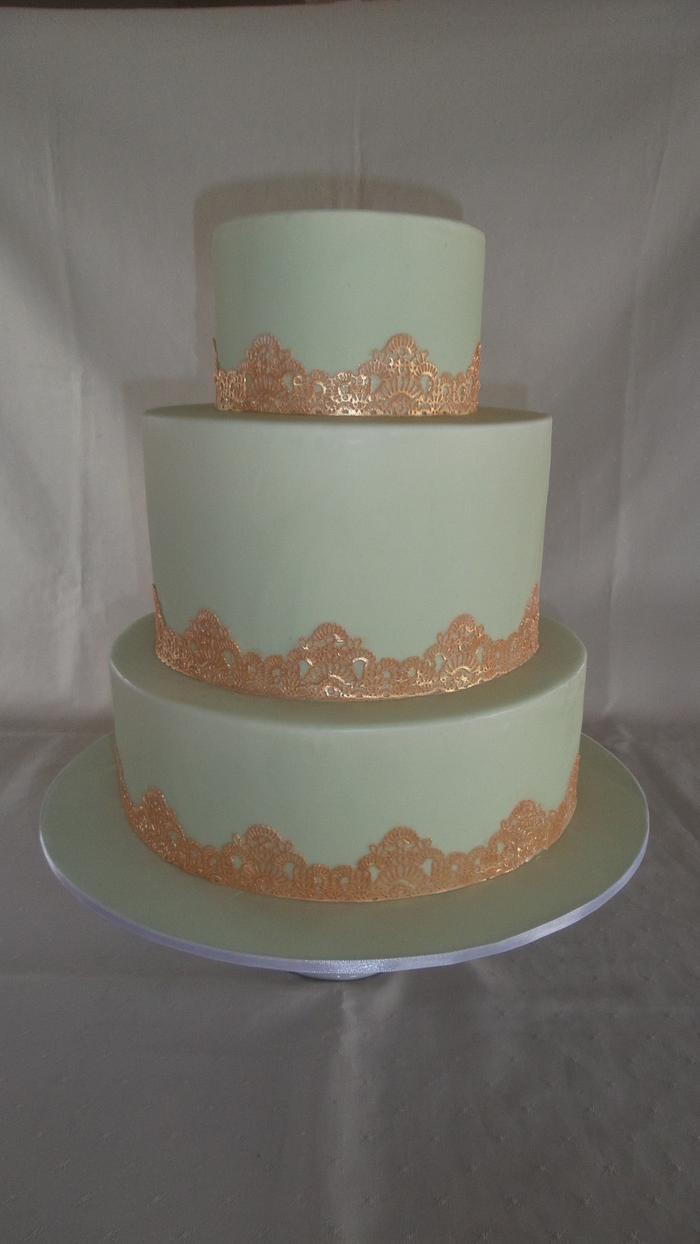 Mint green chocolate & Gold cake lace wedding cake