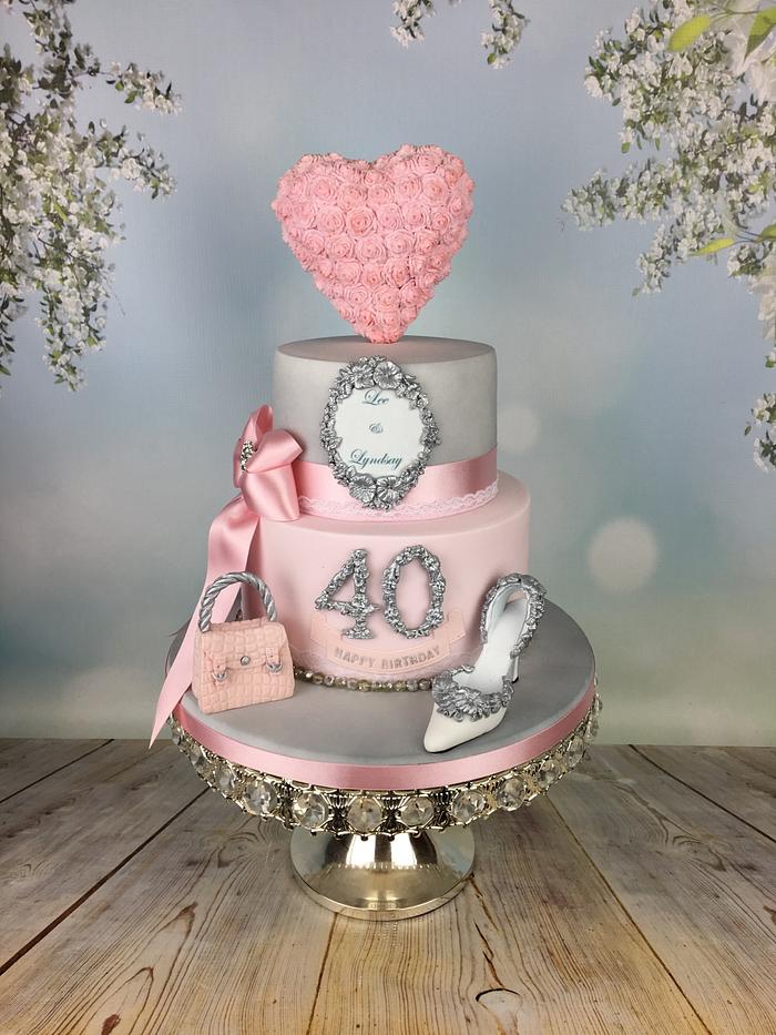 Romantic pink and silver engagagement /40th cake 