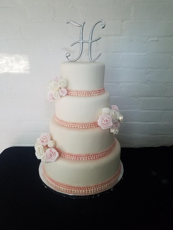 Pink Pearls and Rose Wedding Cake